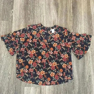 Womens Urban Romantics Black Floral Ruffle Sleeve Blouse - M